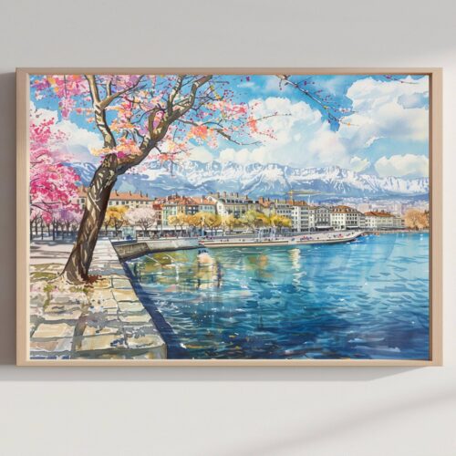 Geneva Switzerland Europe Watercolor Print: Vacation Travel Art Poster