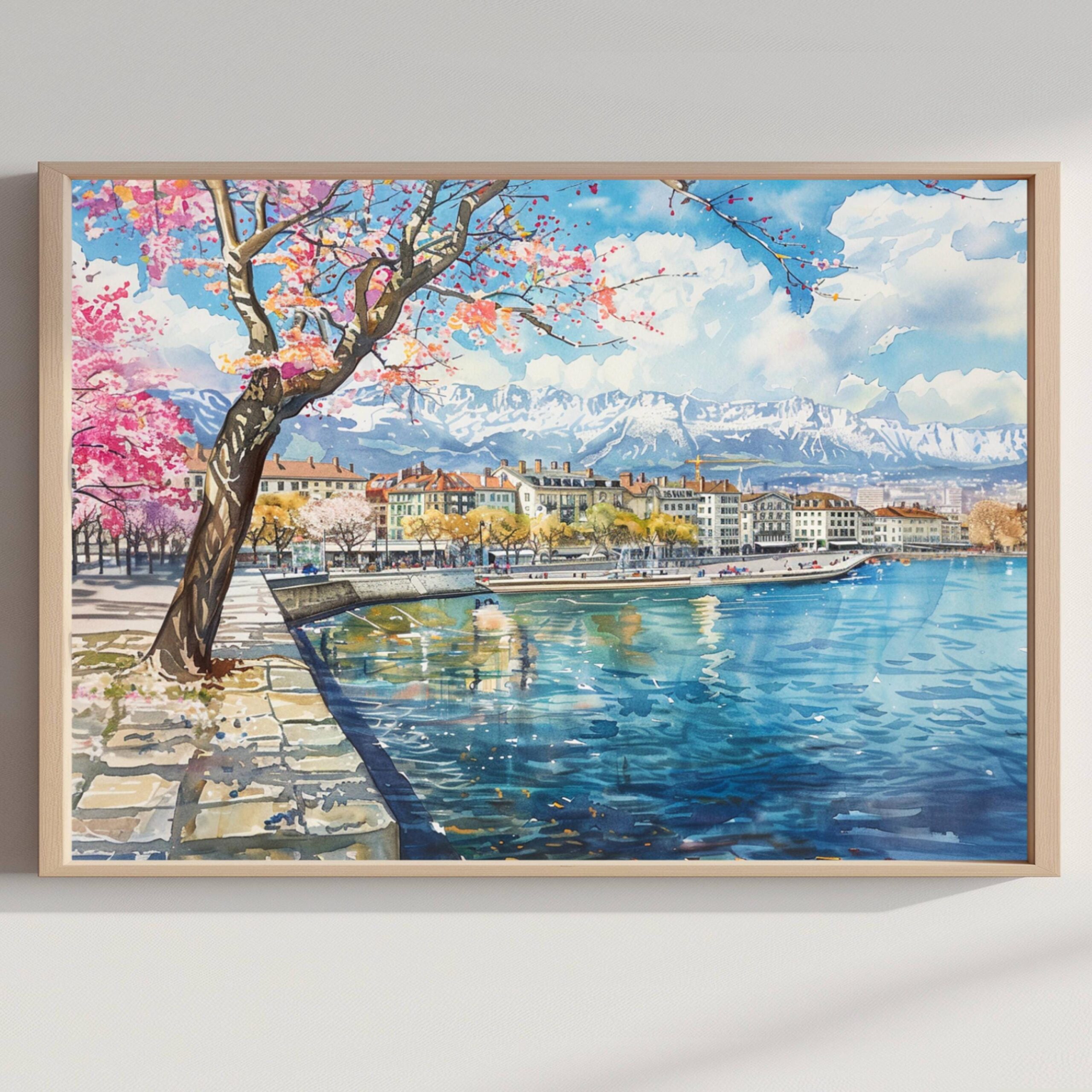 Geneva Switzerland Europe Watercolor Print: Vacation Travel Art Poster
