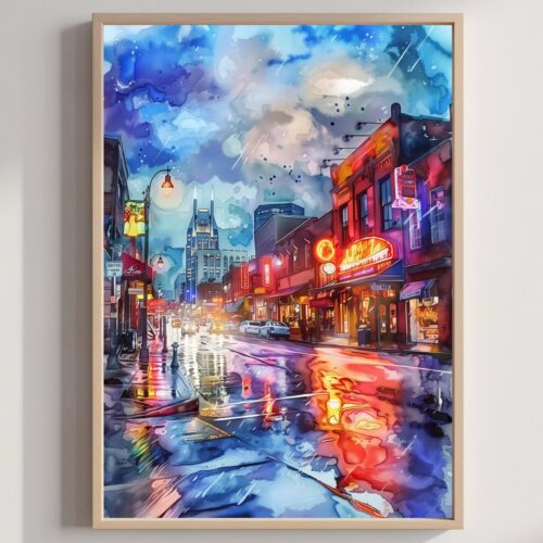 Music Row Nashville Tennessee USA Watercolor Print: American Travel Art Poster