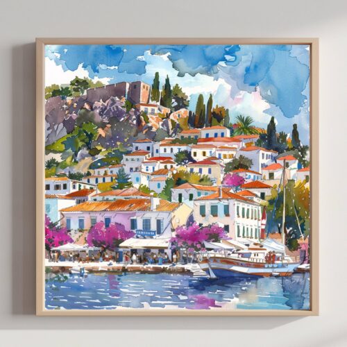 Hydra Island Greece Watercolor Print: Travel Art Poster