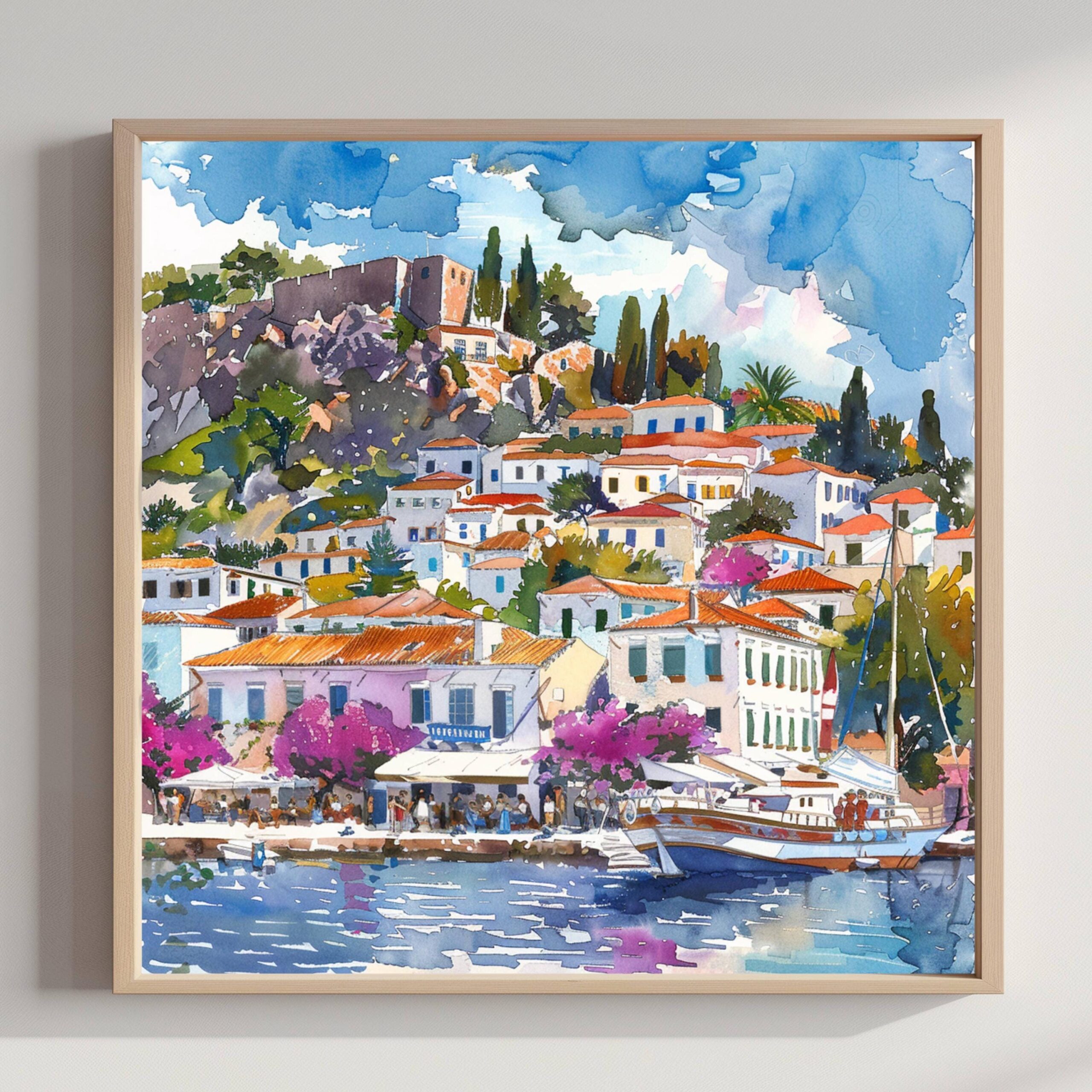 Hydra Island Greece Watercolor Print: Travel Art Poster