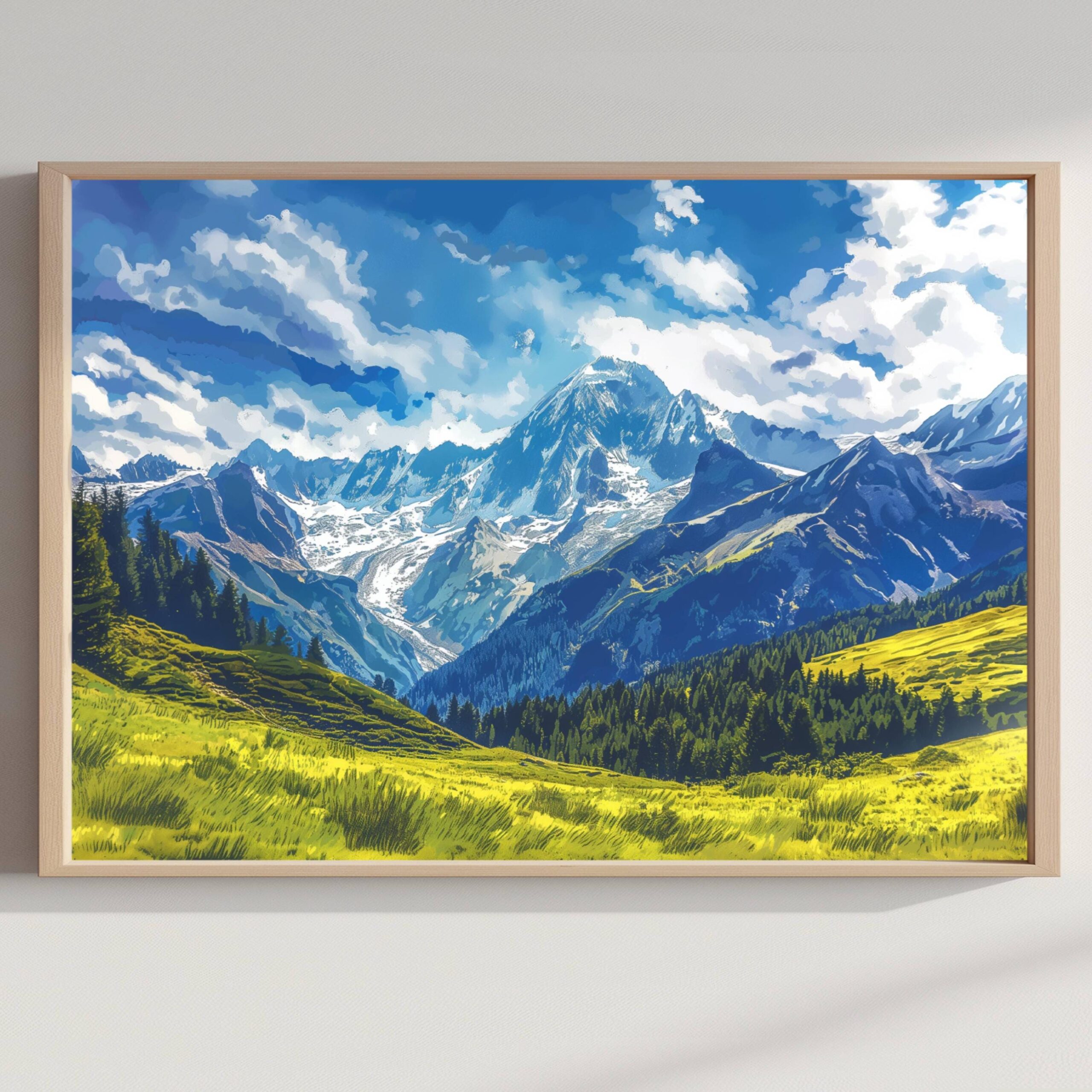 Mont Blanc Mountain Switzerland Europe Watercolor Print: Vacation Travel Art Poster
