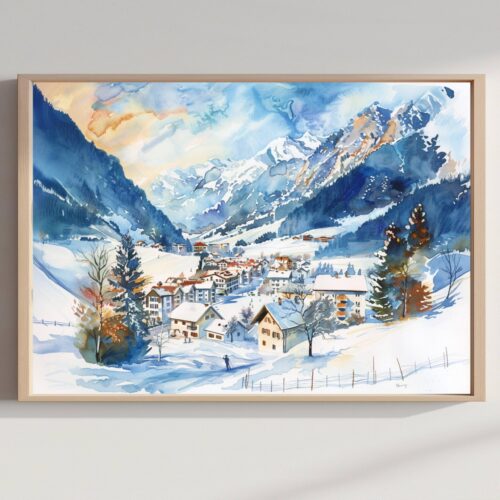 Engelberg Switzerland Europe Watercolor Print: Vacation Travel Art Poster