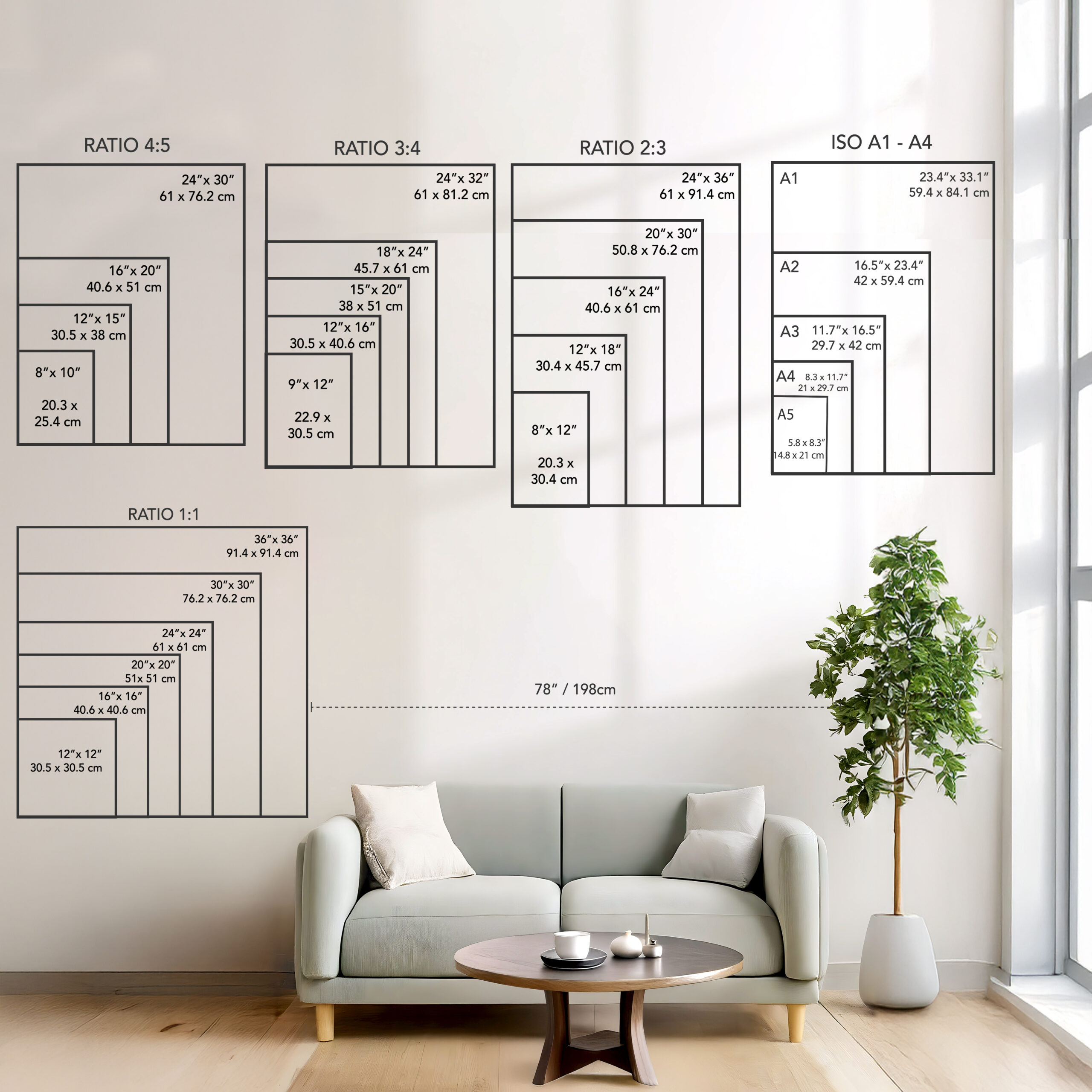 Wall art sizing guide comparing print dimensions across 4:5, 3:4, 2:3, 1:1, and ISO A1-A5 aspect ratios, shown against a sofa for scale