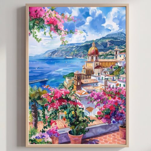 Sorrento Bay of Naples Italy Europe Watercolor: Travel Poster Print
