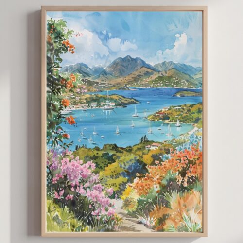 Island of Antigua Caribbean Watercolor Print: Travel Art Poster