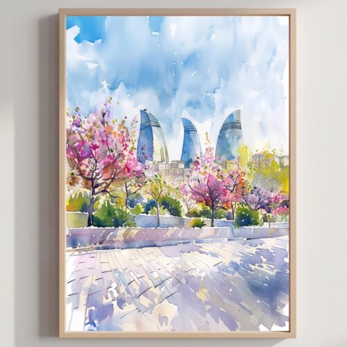 Azerbaijan Watercolor Poster: Asian Travel Art Print