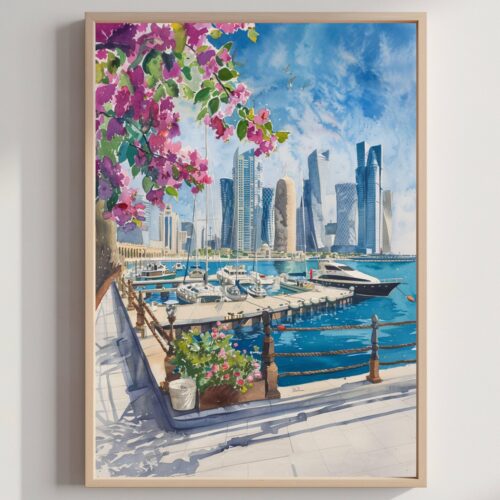 Doha Qatar Middle East Watercolor Print: Asian Travel Art Poster