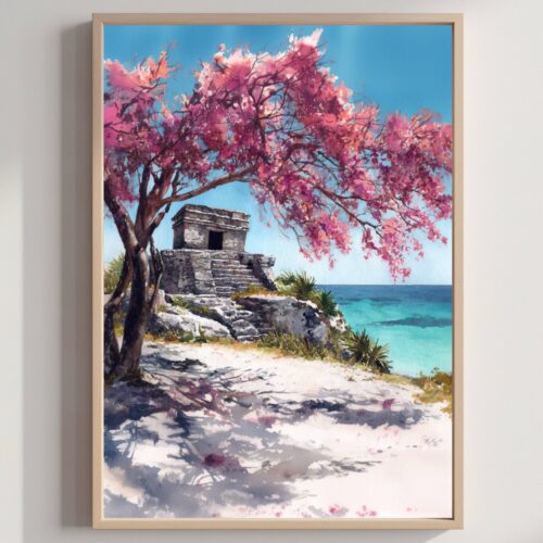 Isla Mujeres Ixchel Temple Mexico Watercolor Print: North America Travel Art Poster