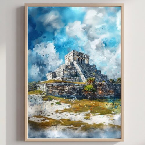 El Castillo Yucatan Mexico Watercolor Print: North America Travel Art Poster