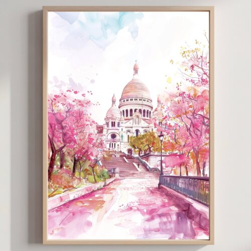 Basilique du Sacré-Coeur de Montmartre Paris France Watercolor: French Art Travel Poster