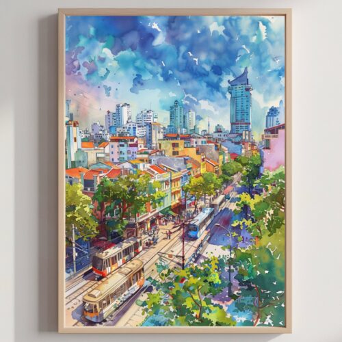 Ho Chi Minh City Vietnam Asia Watercolor Print: Travel Art Poster