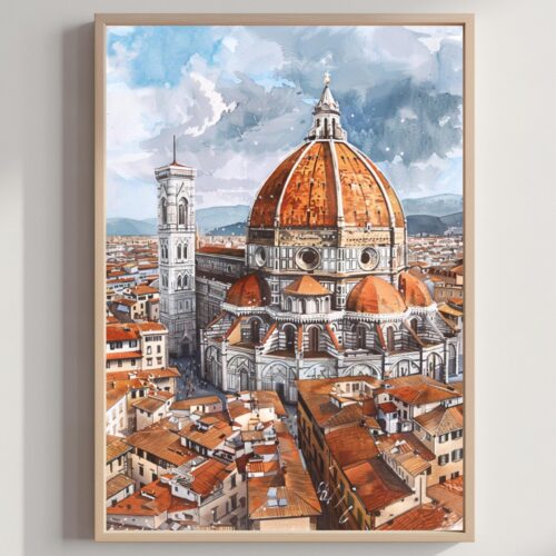 Duomo Santa Maria del Fiore Firenze Italy Europe Watercolor: Travel Art Poster