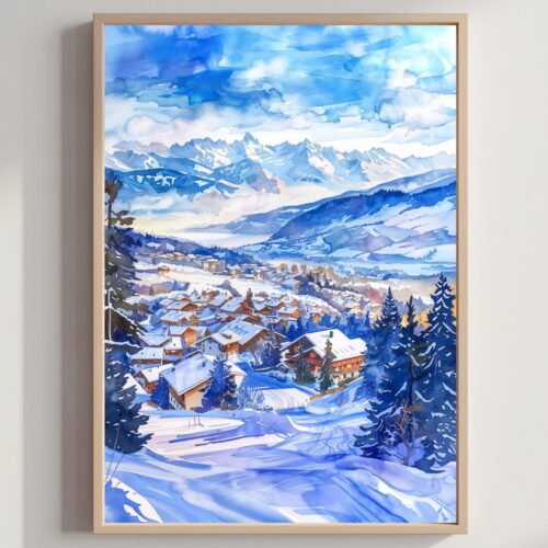 Crans Montana Ski Resort Switzerland Watercolor Print:  Vacation Travel Art Poster