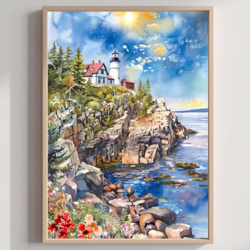 Acadia National Park Maine USA Watercolor: Travel Art Poster