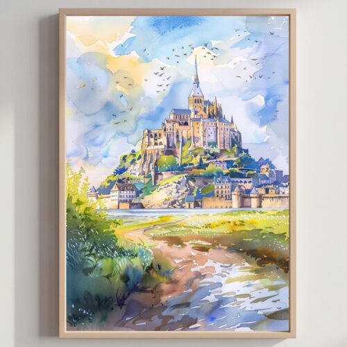 Abbaye du Mont Saint-Michel France Watercolor: France Art Travel Poster