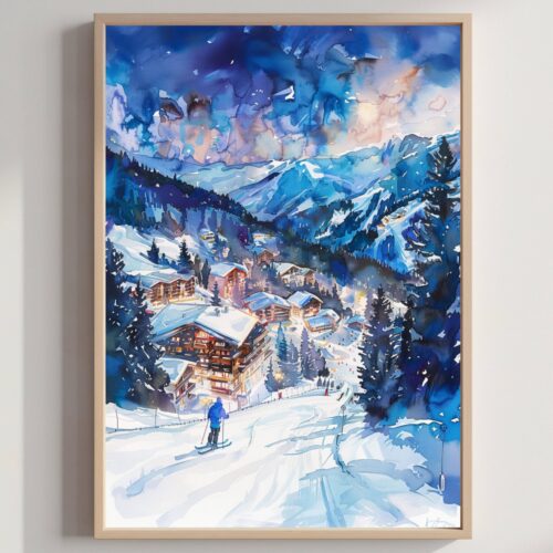 Courchevel Ski Resort France Europe Watercolor Print: Travel Art Poster