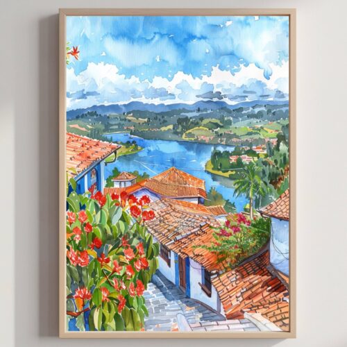 Guatape Colombia Watercolor: South America Art Travel Poster