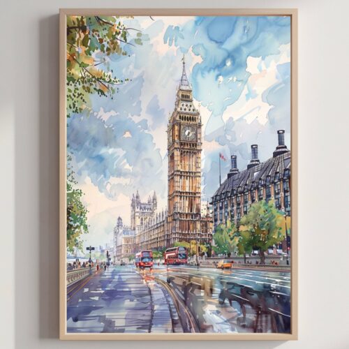 Westminster Palace London England Watercolor: United Kingdom Travel Art Poster