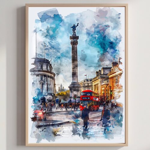 Trafalgar Square London England Watercolor: United Kingdom Travel Art Poster
