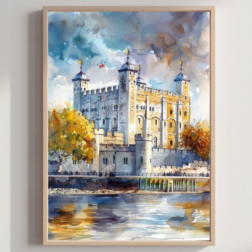 Tower of London in London England Watercolor: United Kingdom Travel Art Poster