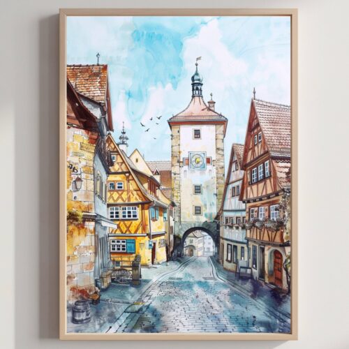 Rothenburg ob der Tauber Bavaria Germany Watercolor: Travel Art Poster