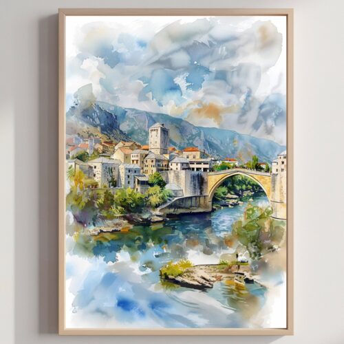Mostar Bosnia and Herzegovina Europe Watercolor: Balkan Art Travel Poster