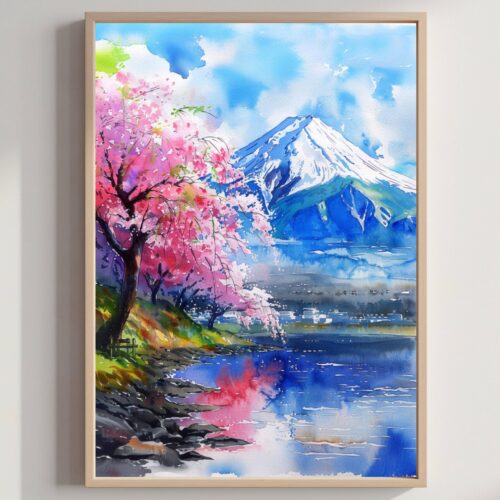 Mount Fuji Honshu Island Japan Asia Watercolor Print: Travel Art Poster