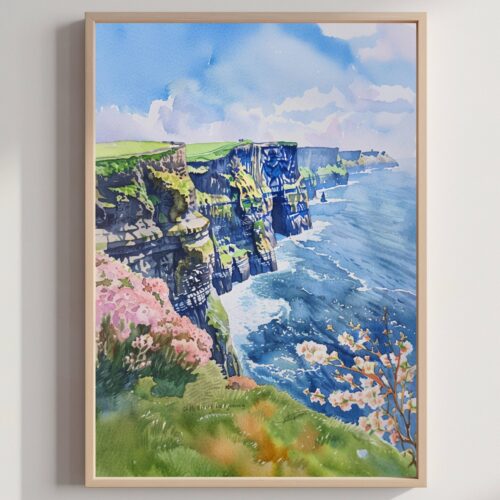 Cliffs of Moher Republic of Ireland Watercolor Print: Europe Travel Art Poster