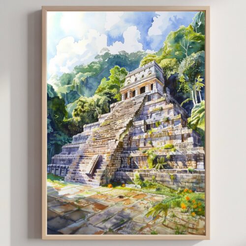 Mayan Ruins Palanque Mexico Watercolor Print: North America Travel Art Poster
