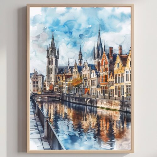 Ghent Belgium Europe Watercolor Print: Belgian Travel Wall Art