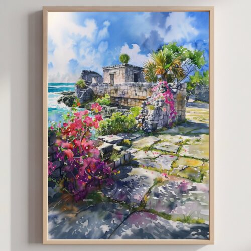 San Gervasio Mayan Ruins Cozumel Mexico Watercolor Print: North America Travel Art Poster