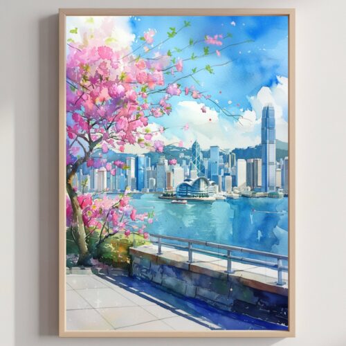 Kowloon Hong Kong China Watercolor Print: Asia Travel Art Poster