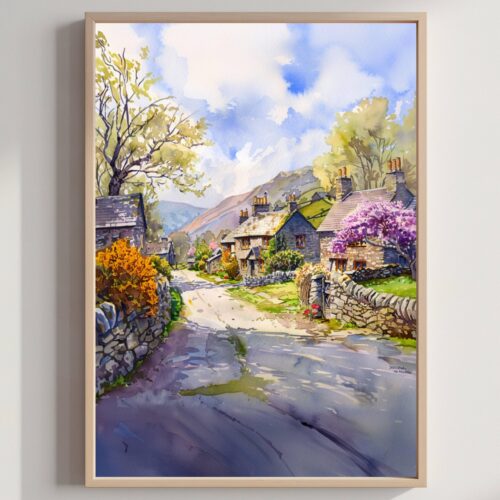 Buttermere Village Cumbria England Watercolor Print: United Kingdom Travel Art Poster