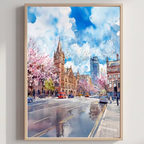 Manchester England Watercolor Print: United Kingdom Travel Art Poster