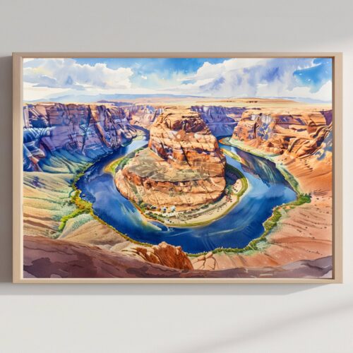 Horseshoe Bend Colorado River Arizona USA Watercolor Print: Travel Art Poster