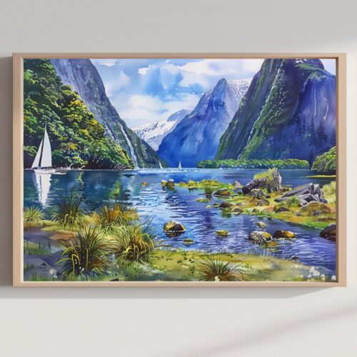 Milford Sound New Zealand Watercolor Print: Travel Art Poster