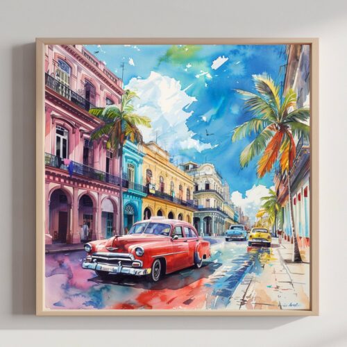 Havana Cuba Caribbean Watercolor Print: Travel Art Poster