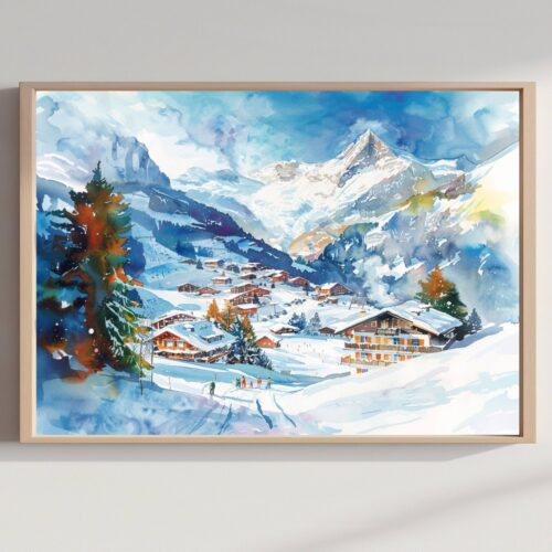 Grindelwald Switzerland Europe Watercolor Print: Vacation Travel Art Poster