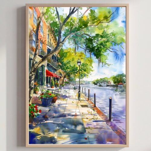 River Street Savannah Georgia USA Watercolor Print: American Travel Art Poster