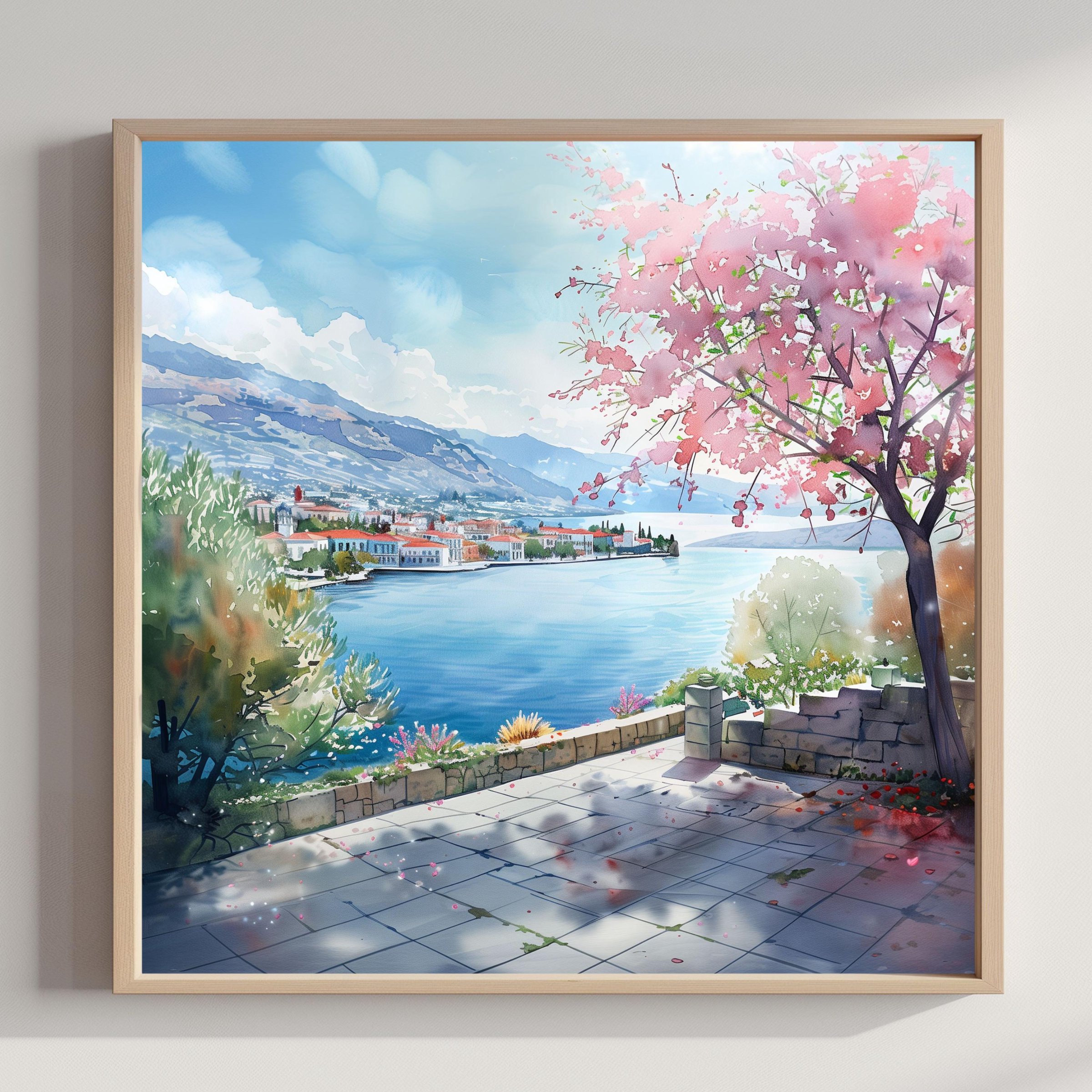 Agios Nikolaos Crete Greece Watercolor Print: Greek Travel Art Poster Square