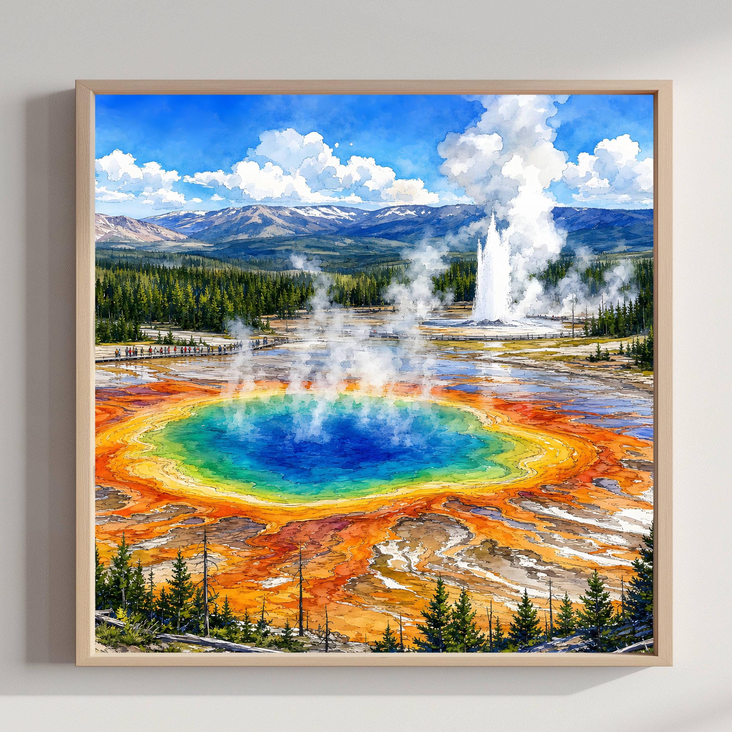 Yellowstone National Park Wyoming USA Watercolor Print: Vacation Travel Art Poster