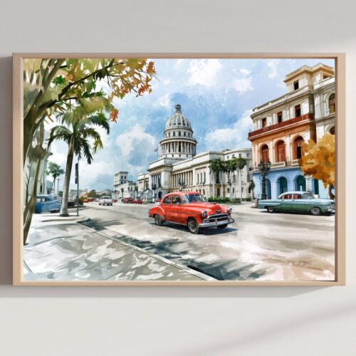 El Capitolio Havana Cuba Watercolor Print: Cuban Travel Art Poster