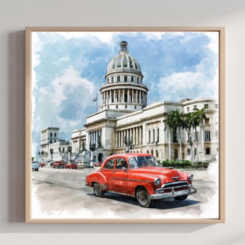El Capitolio Havana Cuba Watercolor Print: Cuban Travel Art Poster Square