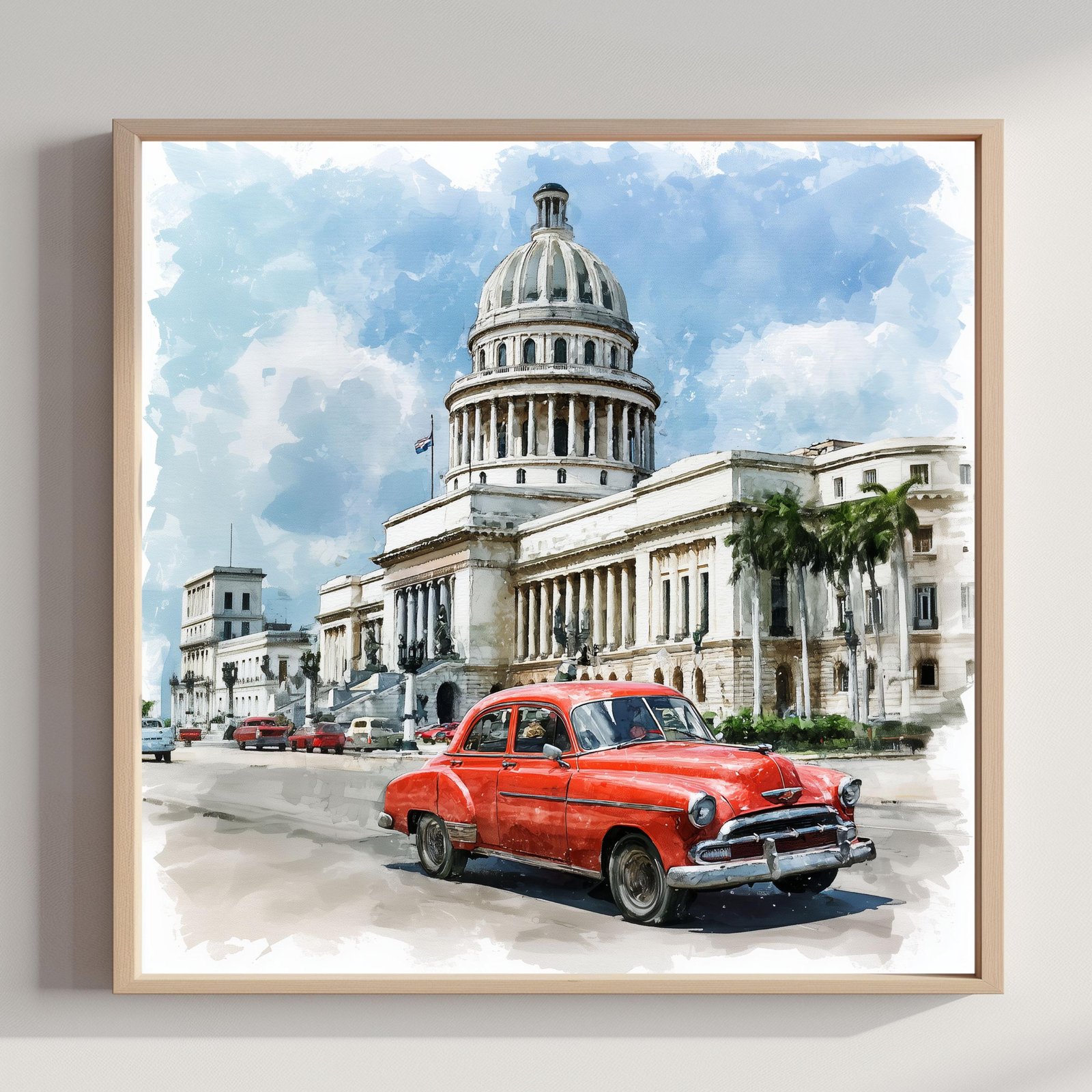 El Capitolio Havana Cuba Watercolor Print: Cuban Travel Art Poster Square