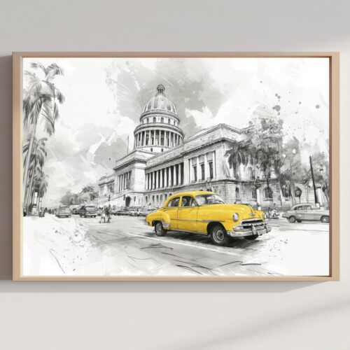 El Capitolio Havana Cuba Pencil Sketch Print: Cuban Travel Art Poster