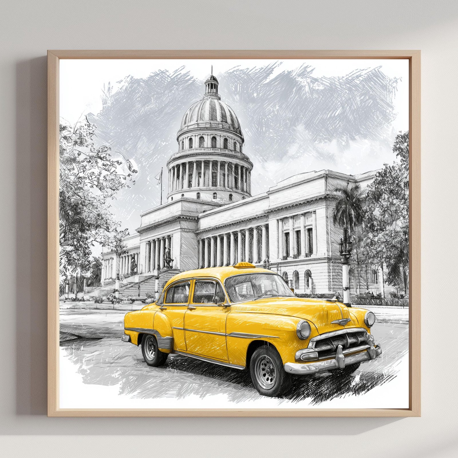 El Capitolio Havana Cuba Pencil Sketch Print: Cuban Travel Art Poster Square