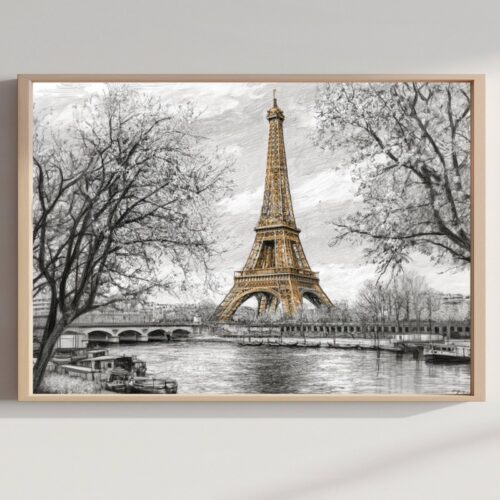 Eiffel Tower Paris France Pencil Sketch Print: French Travel Art Poster