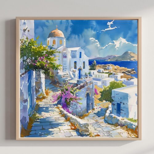 Milos Island Greece Watercolor Print: Greek Travel Art Poster Square