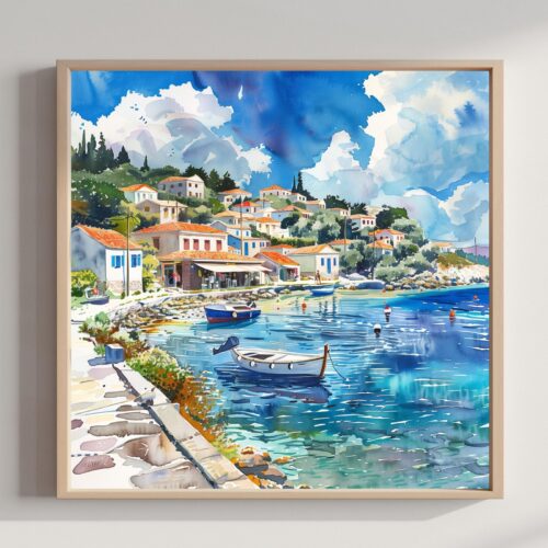 Paxos Island Greece Watercolor Print: Greek Travel Art Poster Square